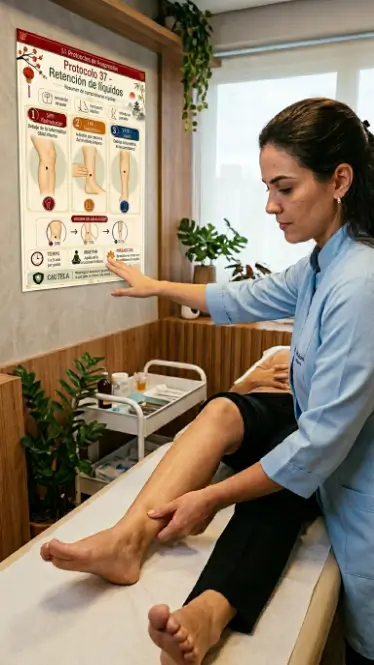 Profesional aplicando acupresión en una consulta con protocolo visual