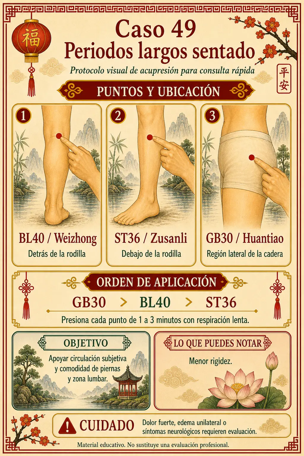 Protocolo visual de acupresión para periodos largos sentado